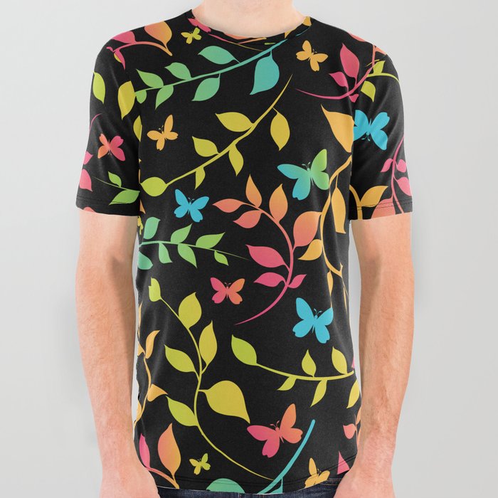 Colorful leaves and butterfly seamless pattern isolated on dark background! All Over Graphic Tee