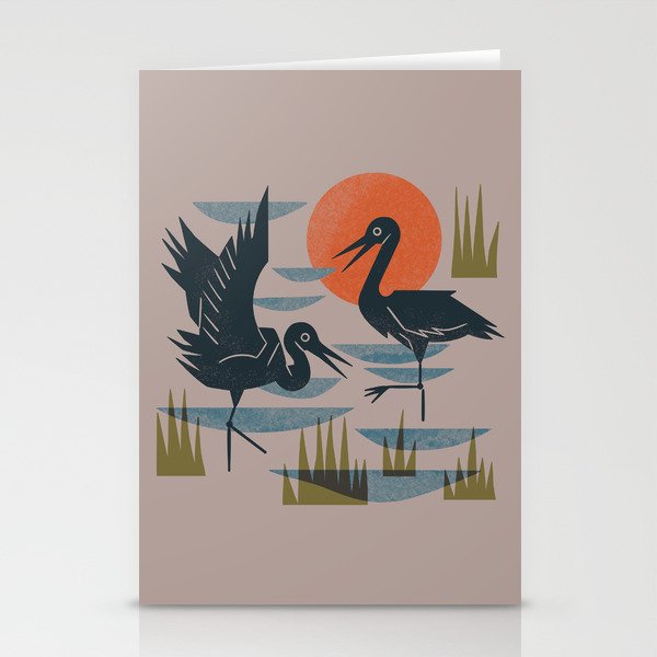 Cranes Wading at Sunset (Tan) Stationery Cards