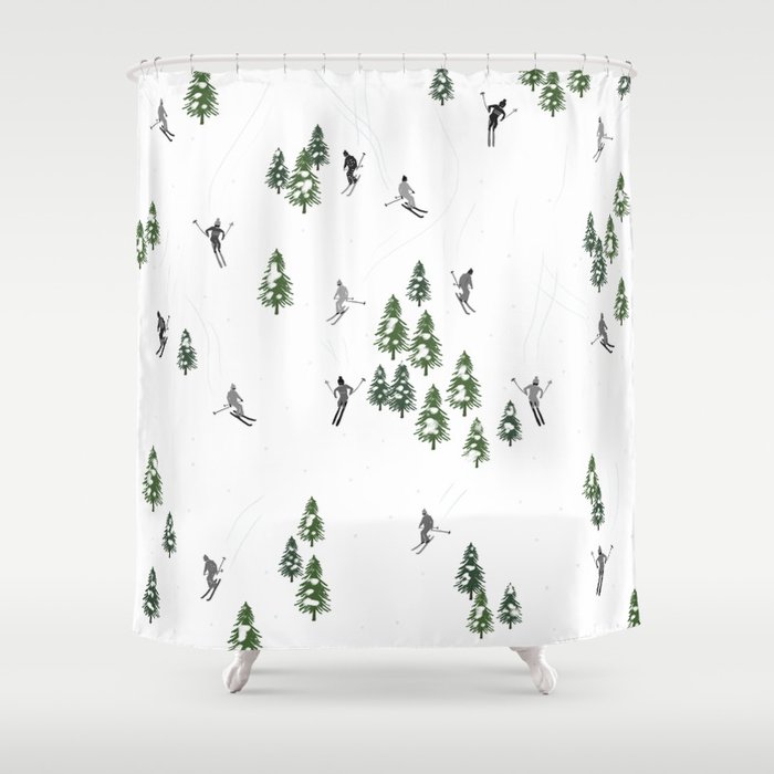 Holiday Skiers Illustration - Black and White Skiing Shower Curtain