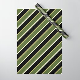 [ Thumbnail: Dark Khaki, Dark Olive Green, Light Yellow & Black Colored Stripes/Lines Pattern Wrapping Paper ]