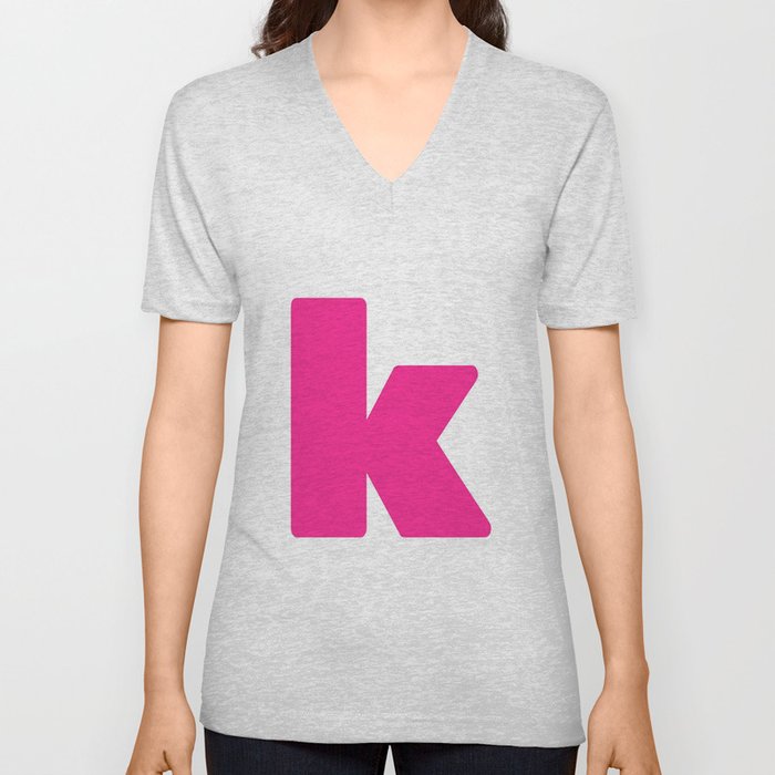 k (Dark Pink & White Letter) V Neck T Shirt