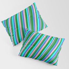 [ Thumbnail: Eye-catching Cyan, Royal Blue, Light Pink, Sea Green & Green Colored Striped Pattern Pillow Sham ]