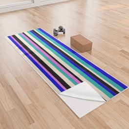 [ Thumbnail: Vibrant Orchid, Blue, Light Sea Green, Beige, and Black Colored Lines Pattern Yoga Towel ]