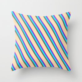 [ Thumbnail: Purple, Cyan, Dim Gray & Tan Colored Lined/Striped Pattern Throw Pillow ]