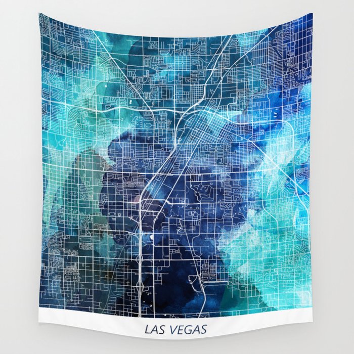 Las Vegas Nevada Map Navy Blue Turquoise Watercolor Wall Tapestry