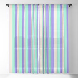 [ Thumbnail: Aquamarine, Medium Slate Blue, and Beige Colored Lined Pattern Sheer Curtain ]