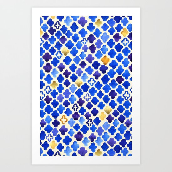 Rustic Watercolor Moroccan in Royal Blue & Gold Art Print
