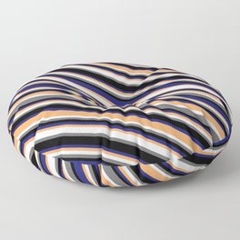 [ Thumbnail: Colorful Brown, White, Dim Gray, Black & Midnight Blue Colored Lines Pattern Floor Pillow ]