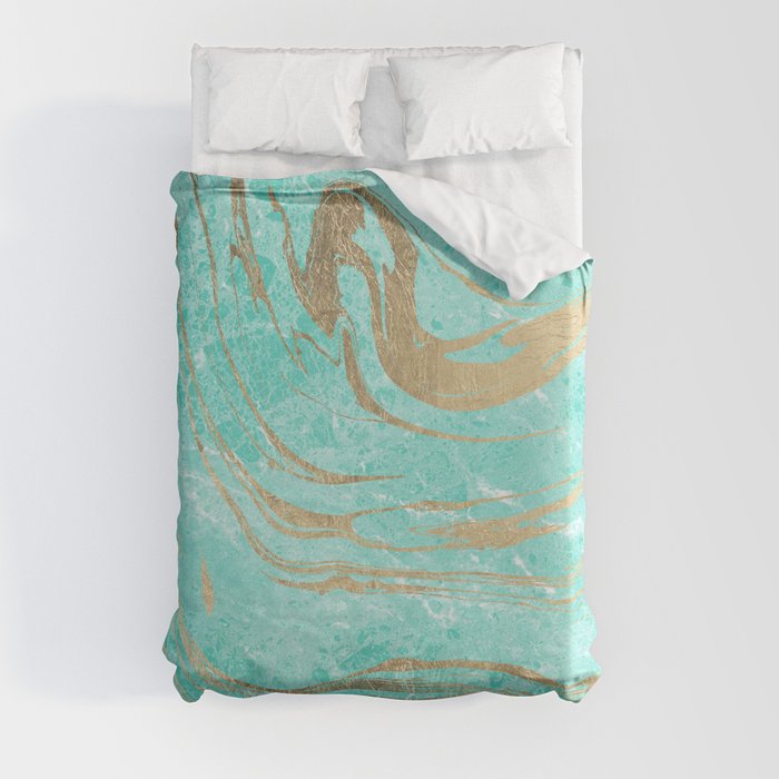 Modern faux gold turquoise white elegant marble Duvet Cover