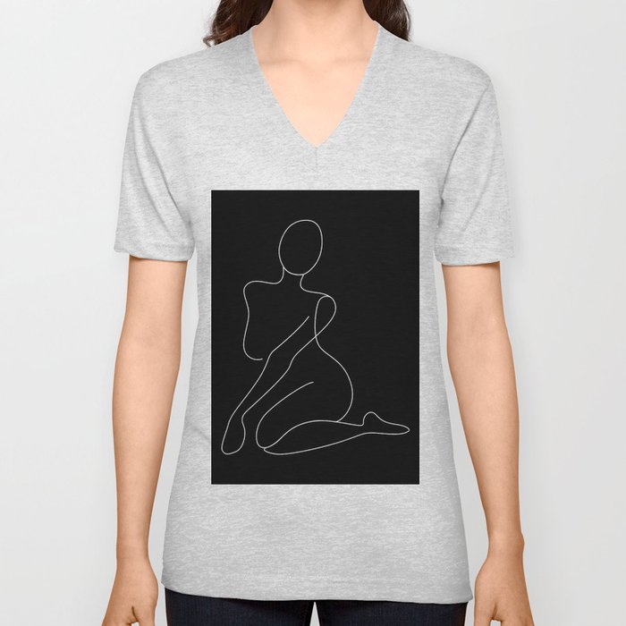 Nude Curve in black / Line drawing of a woman’s naked body shape V Neck T Shirt