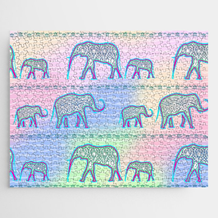 Elephant Family on Pale Stripes Jigsaw Puzzle
