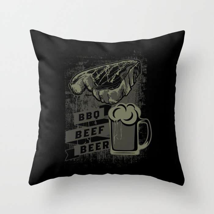 Authentic BBQ Beef Beer Grunge Illustration Throw Pillow