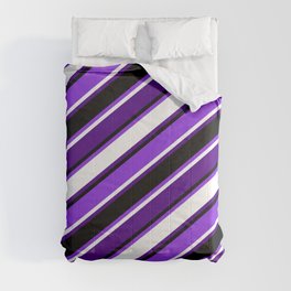 [ Thumbnail: Purple, White, Indigo & Black Colored Pattern of Stripes Comforter ]