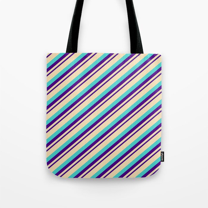 Indigo, Tan, and Turquoise Colored Striped/Lined Pattern Tote Bag