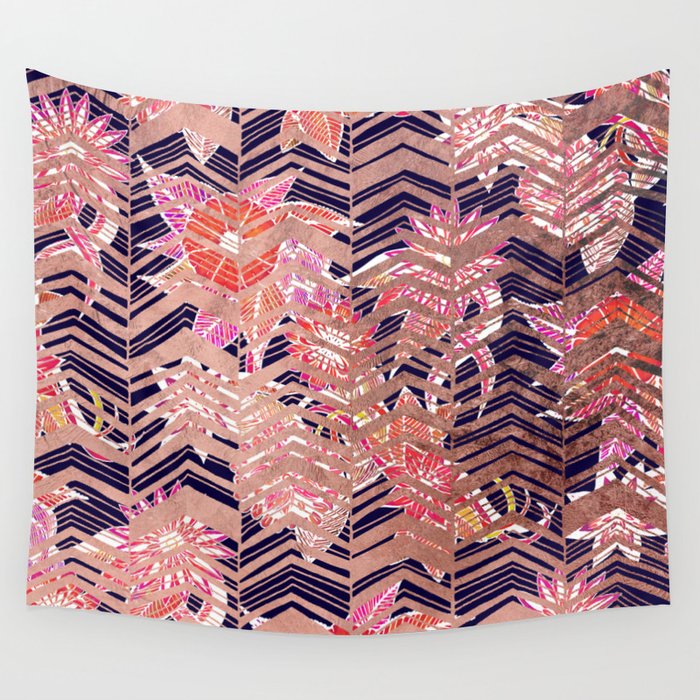 Rose Gold Navy Floral Zigzag Chevron Pattern Wall Tapestry