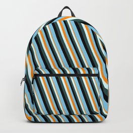 [ Thumbnail: Eyecatching Dark Orange, Light Cyan, Dark Slate Gray, Black, and Sky Blue Colored Stripes Pattern Backpack ]