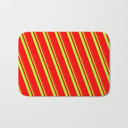 [ Thumbnail: Light Green and Red Colored Stripes Pattern Bath Mat ]
