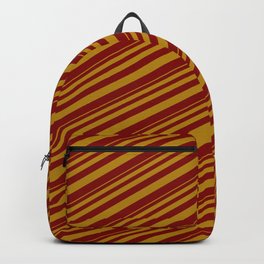 [ Thumbnail: Dark Goldenrod and Maroon Colored Lined/Striped Pattern Backpack ]