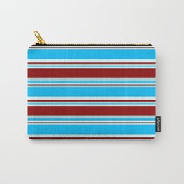[ Thumbnail: Powder Blue, Deep Sky Blue, Light Cyan & Dark Red Colored Stripes Pattern Carry-All Pouch ]