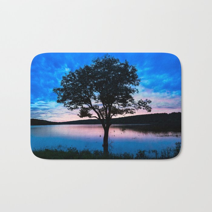 Tranquility - Tree Silhouette in Lake at Dusk in Oklahoma Bath Mat