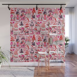 I gnome you more // pastel pink background red and pink Valentine's Day gnomes and motifs Wall Mural