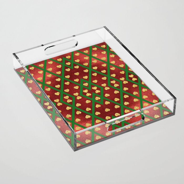 Gold Hearts on a Red Shiny Background with Green Crisscross  Diamond Lines Acrylic Tray