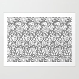 William Morris Floral Pattern | “Pink and Rose” in Grey and White | Vintage Flower Patterns | Art Print