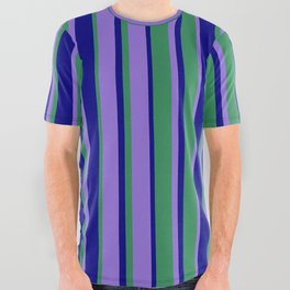 [ Thumbnail: Purple, Sea Green & Blue Colored Stripes/Lines Pattern All Over Graphic Tee ]