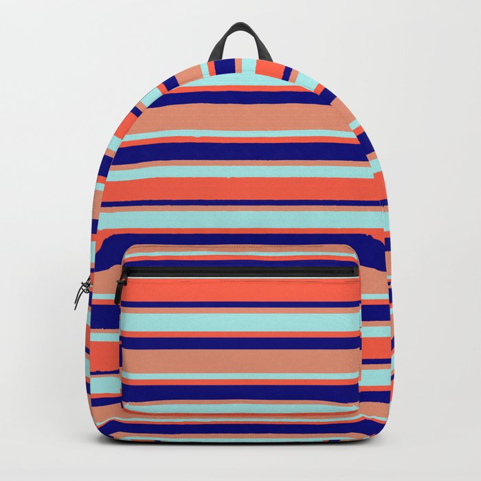 Blue, Dark Salmon, Turquoise, and Red Colored Striped/Lined Pattern Backpack