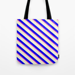 [ Thumbnail: Hot Pink, Light Yellow, Blue, and Purple Colored Lined Pattern Tote Bag ]