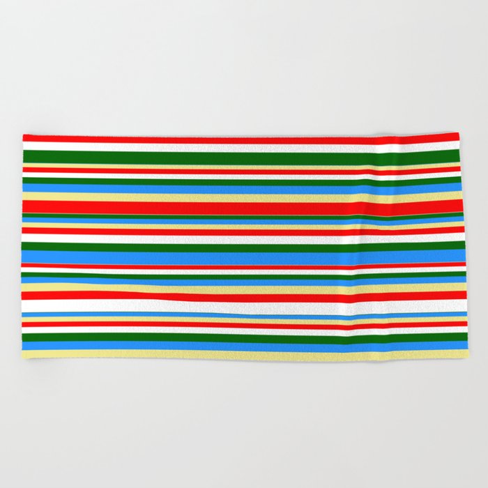 Colorful Blue, Tan, Red, White, and Dark Green Colored Striped/Lined Pattern Beach Towel