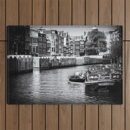 Flower market at the Amsterdam canals, The Netherlands | Black & White Travel Photography Outdoor Rug