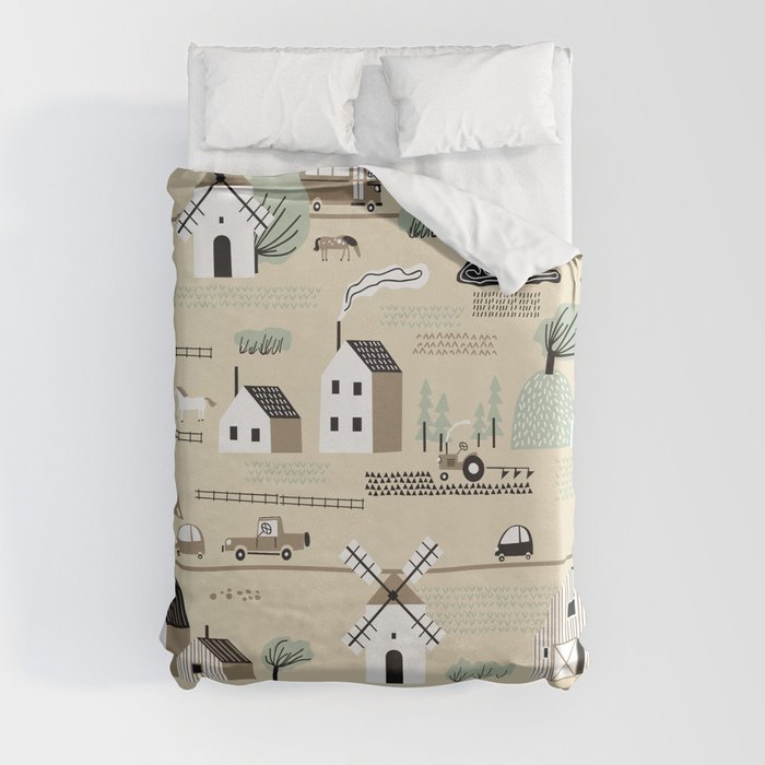 Seamless colorful pattern with house, trees, horses, mills and hills. Nordic nature landscape concept. Seamless landscape.  Duvet Cover