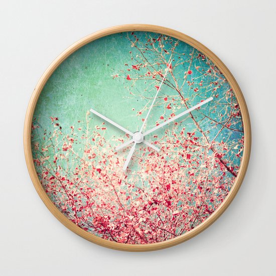 Blue Autumn, Pink leafs on blue, turquoise, green, aqua sky Wall Clock
