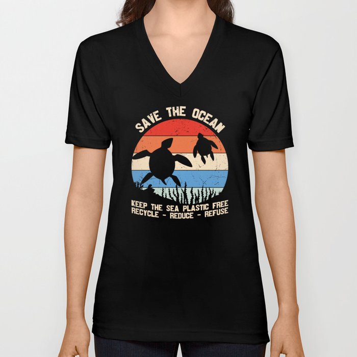 Save The Ocean Vintage Turtle V Neck T Shirt
