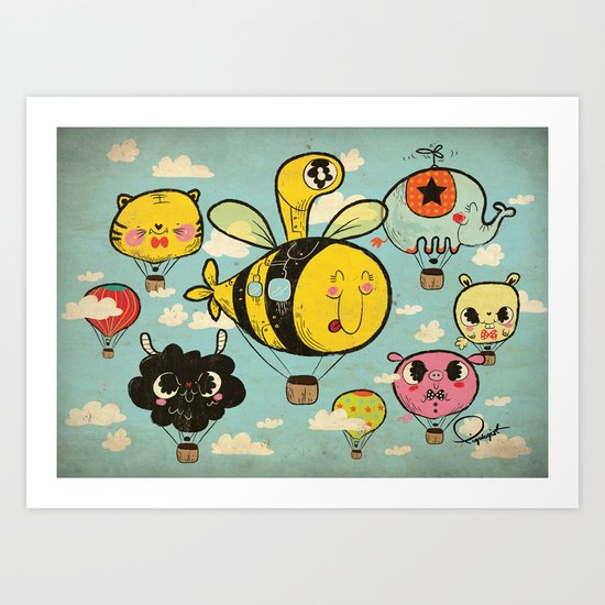 Happy Flight / The Animals Hot Air Balloon Voyagers / Patterns / Clouds Art Print