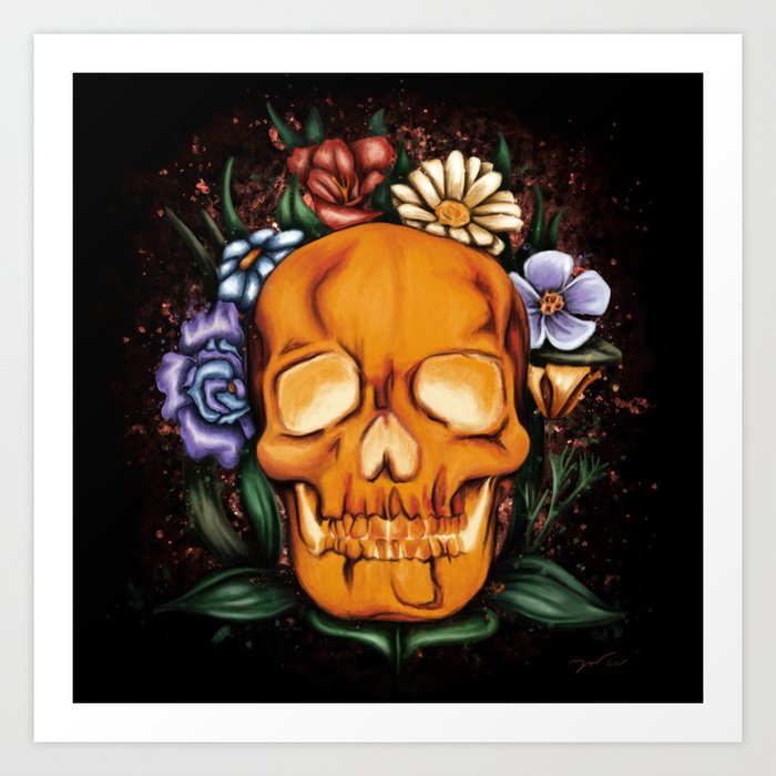 Floral glowing skull painting on black Art Print