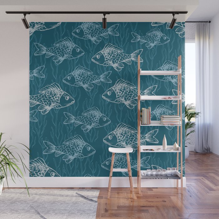 blue seamless pattern with drawing fishes Wall Mural