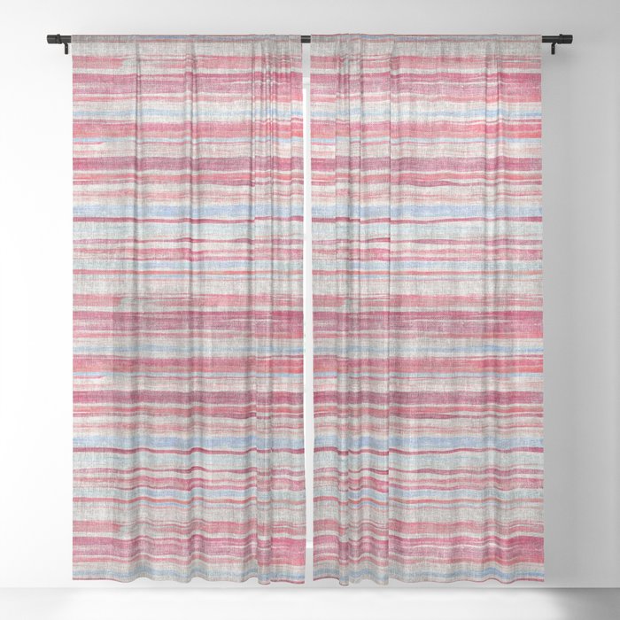 Shabby Chic Textured Stripes in Pink, Grey and Light Blue Sheer Curtain