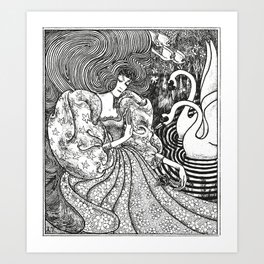 Woman with a Butterfly at a Pond with Two Swans | Black and White | Jan Toorop (1894) Art Print