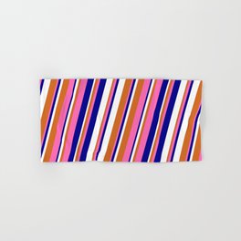 [ Thumbnail: Hot Pink, Dark Blue, White, and Chocolate Colored Lines Pattern Hand & Bath Towel ]