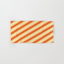 [ Thumbnail: Pale Goldenrod & Red Colored Lined Pattern Hand & Bath Towel ]