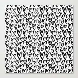Black and White Hand Drawn Hearts Pattern  Canvas Print