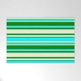 [ Thumbnail: Light Yellow, Green, and Aqua Colored Lined Pattern Welcome Mat ]
