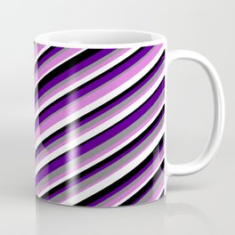 [ Thumbnail: Vibrant Gray, Orchid, White, Black & Indigo Colored Stripes/Lines Pattern Coffee Mug ]