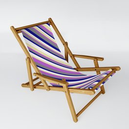 [ Thumbnail: Vibrant Gray, Dark Blue, White, Pale Goldenrod & Orchid Colored Striped/Lined Pattern Sling Chair ]