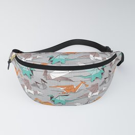 Origami dragon friends // grey linen texture background aqua orange grey and taupe fantastic creatures Fanny Pack