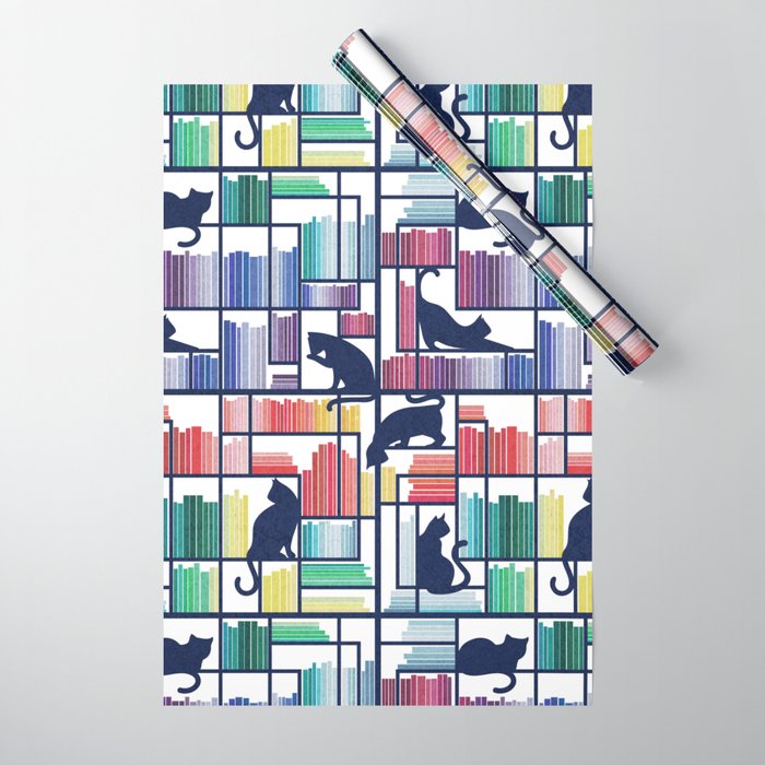 Rainbow bookshelf // white background navy blue shelf and library cats Wrapping Paper