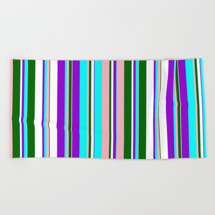 Eye-catching Dark Violet, Cyan, Light Pink, Dark Green, and White Colored Lined Pattern Beach Towel