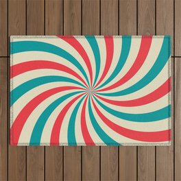 Retro background with curved, rays or stripes in the center. Rotating, spiral stripes. Sunburst or sun burst retro background. Turquoise and red colors. Vintage illustration Outdoor Rug